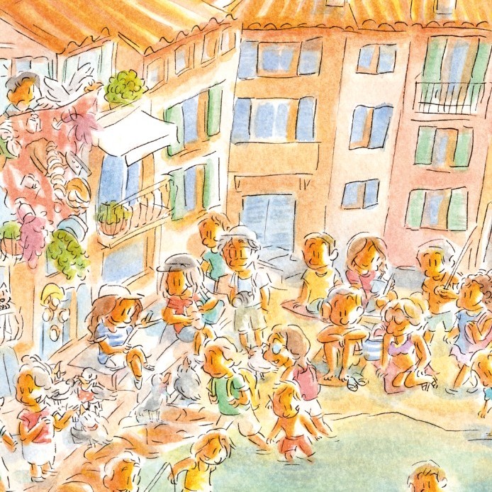 La place animée — illustration aquarelle